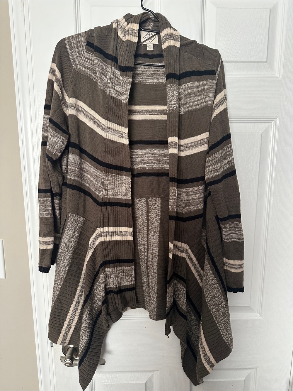 St. John's Bay Olive, Cream & Black Striped Open-Front Cardigan